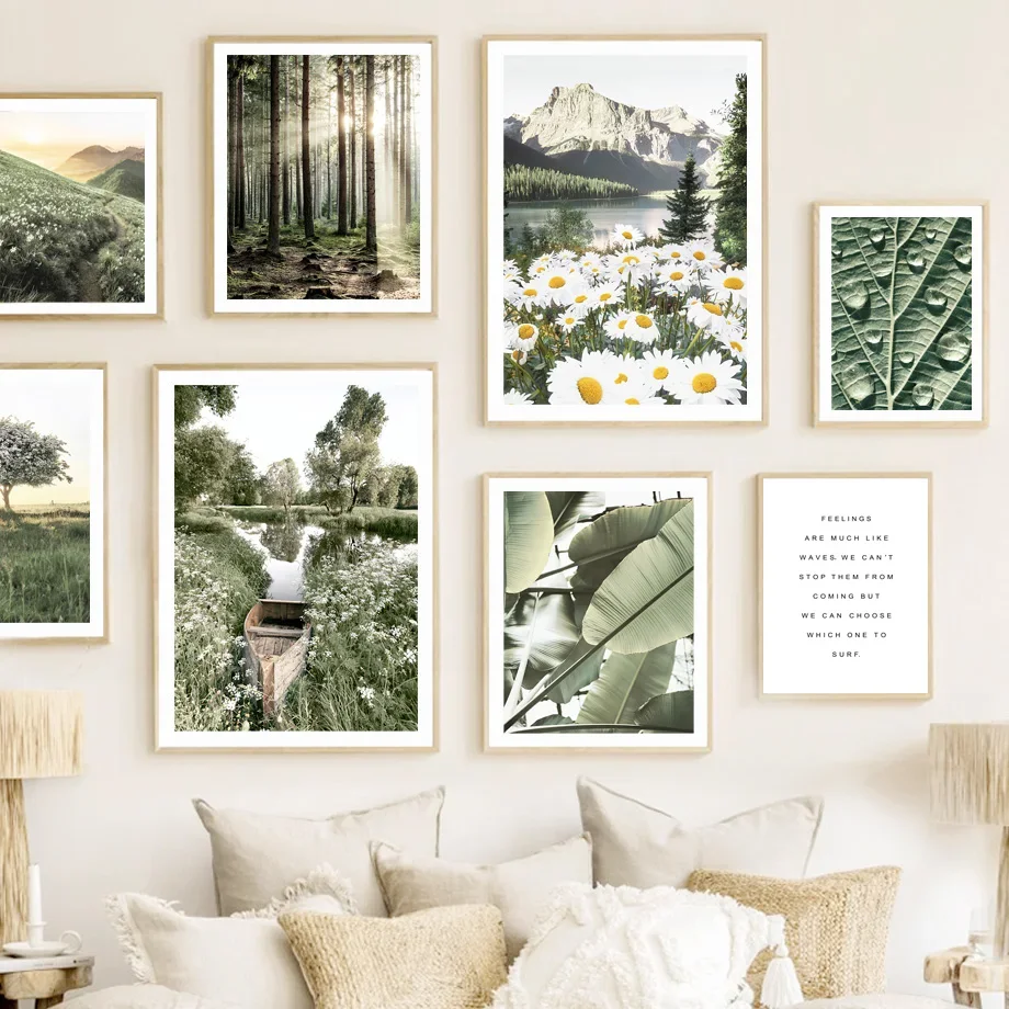 Nature Mountain Daisy Lake Sunlight Scape Wall Art Canvas Painting Nordic Posters And Prints Wall Pictures For Living Room De
