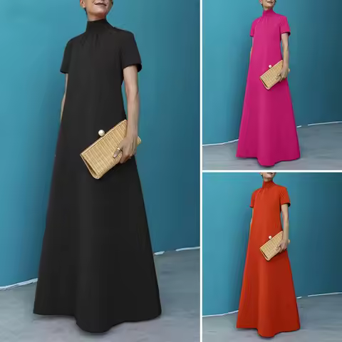 Women's clothing long dress elegant casual loose solid color short sleeved long dress vest dress evening dress plus size