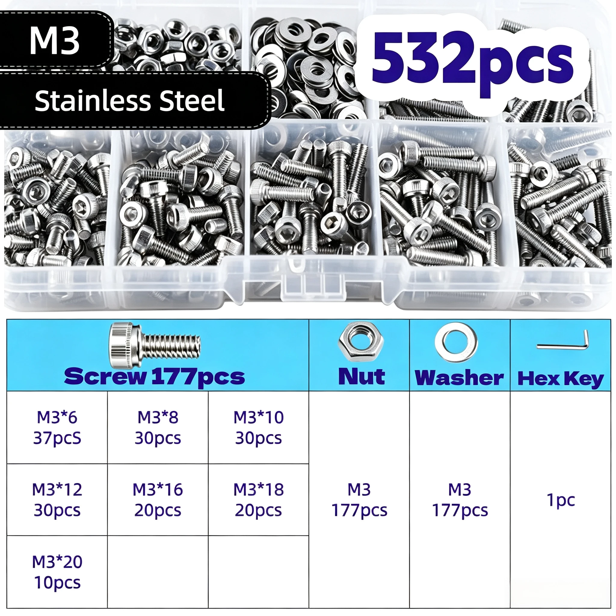 Total 532/379/283/187/103pcs M3 M4 M5 M6 M8 304 Stainless Steel Hexagon Hex Socket Cap Head Screw Bolt Nut Set Assortment Kit