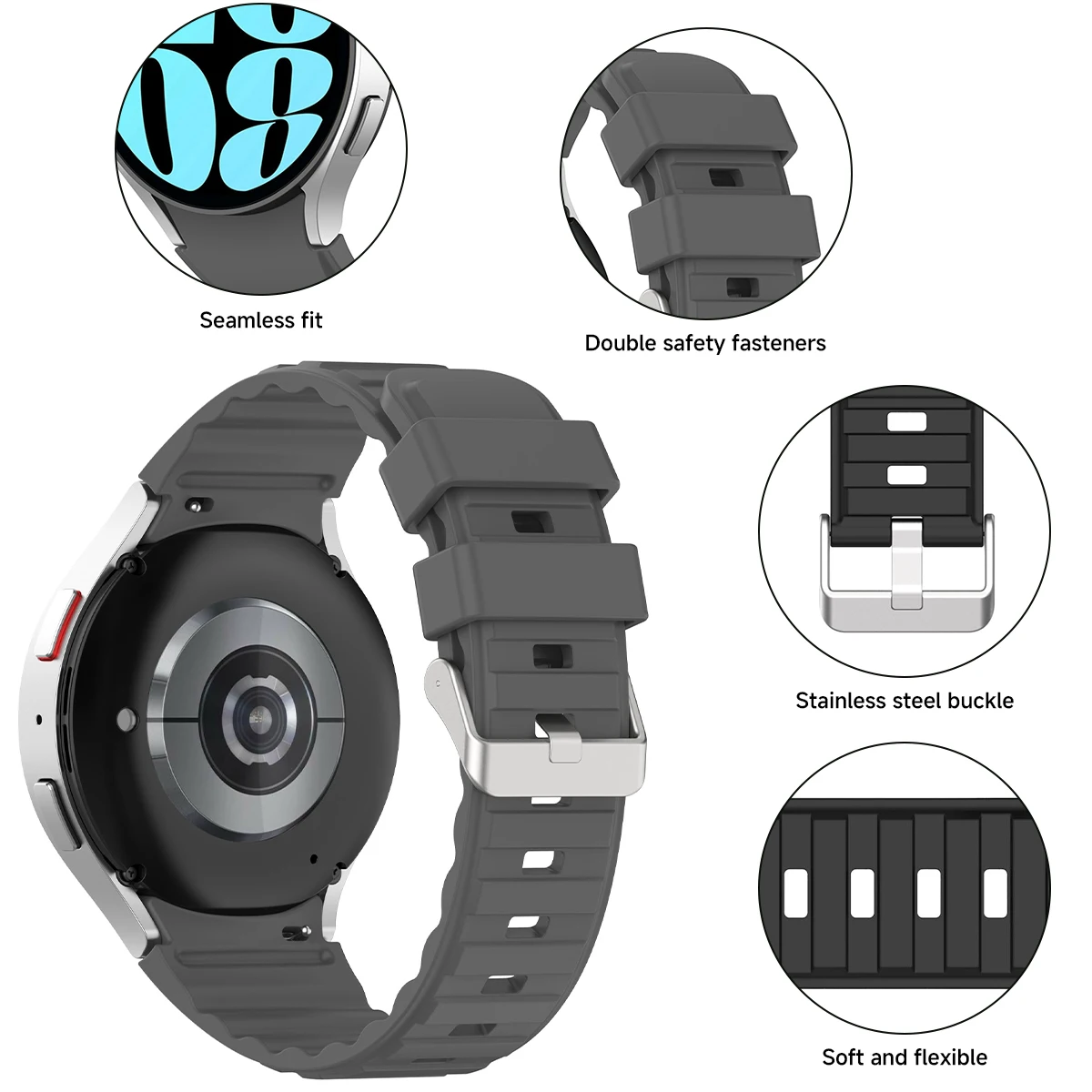삼성 갤럭시 워치용 갭 없는 실리콘 스트랩, 갤럭시 워치 6, 4 클래식, 43mm, 47mm, 스포츠 팔찌, 갤럭시 워치 6, 5, 4, 40mm, 44mm, 5 프로, 45mm 밴드