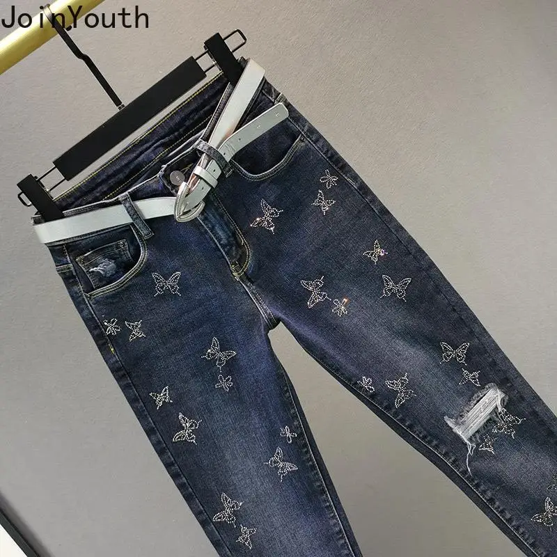 High Waisted Jeans Women Slim Fit Fashion Pencil Pants Chic Diamond Ripped Trousers Streetwear Pantalon Femme 2023 New Bottoms