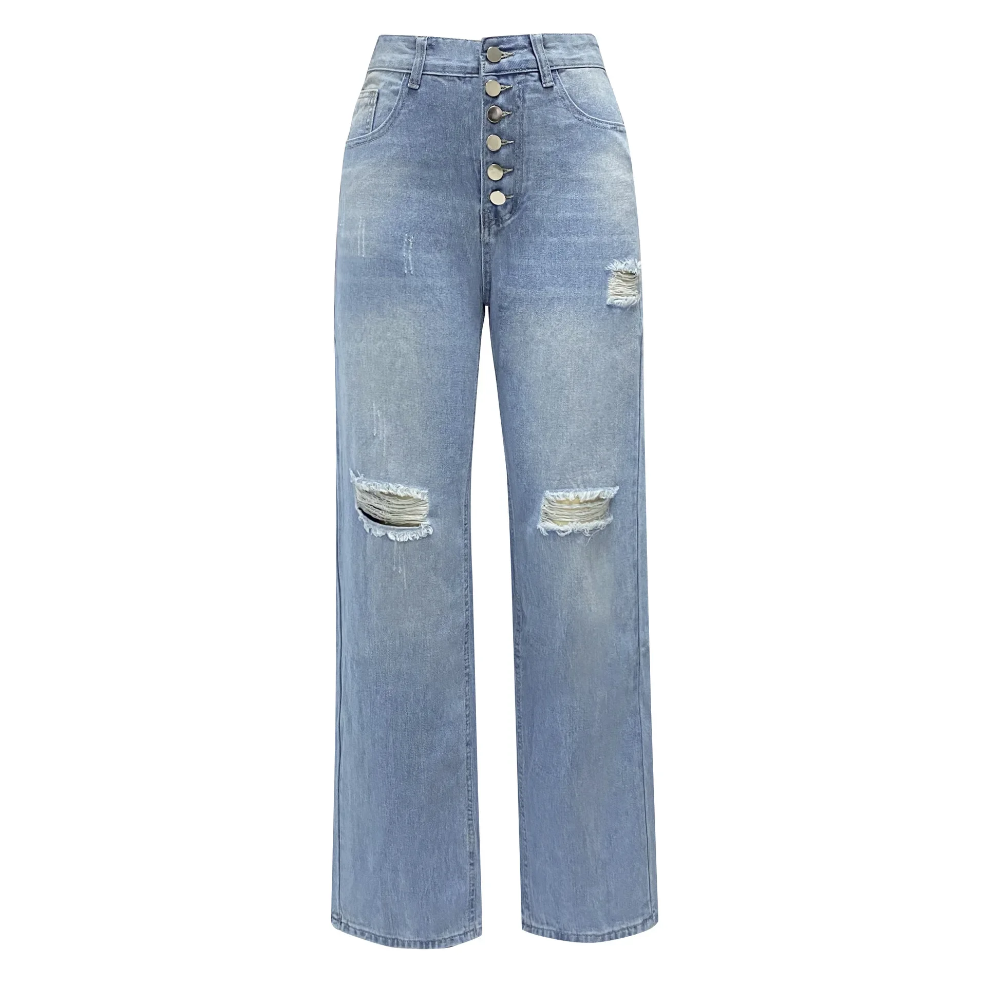 Blaue, zerrissene, einreihige Jeans, neue modische Freizeitjeans mit geradem Bein für Damen, schleifende, gebrochene Hose mit weitem Bein Y2k