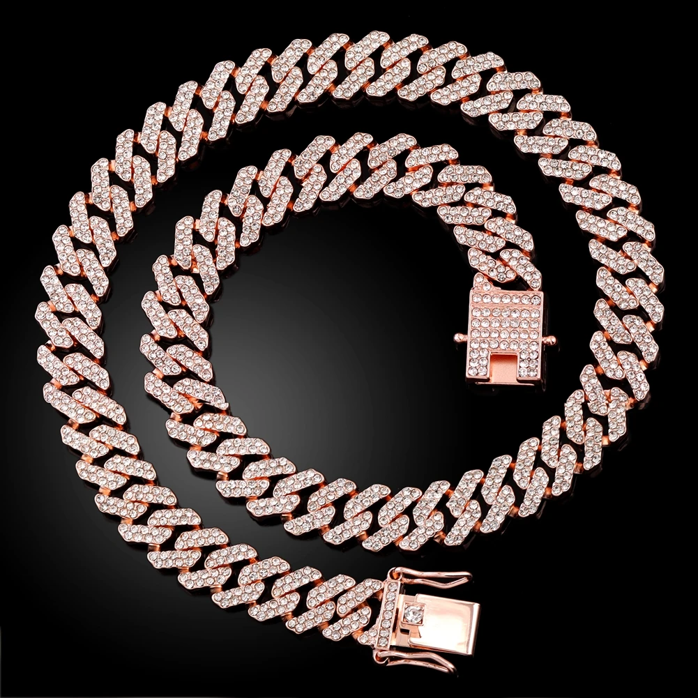 12MM Rose Gold Color Miami Cuban Link Chain Necklace Iced Out Bling Rhinestone Cuban Choker Necklace Women Men Hip Hop Jewelry