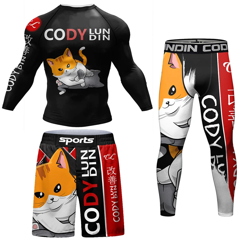 Bjj Kickboxing t-shirty MMA + spodnie 4 szt./zestawy spodenki Muay Thai Rashguard dla mężczyzn boks 3D drukowane sportowe odzież kompresyjna MMA