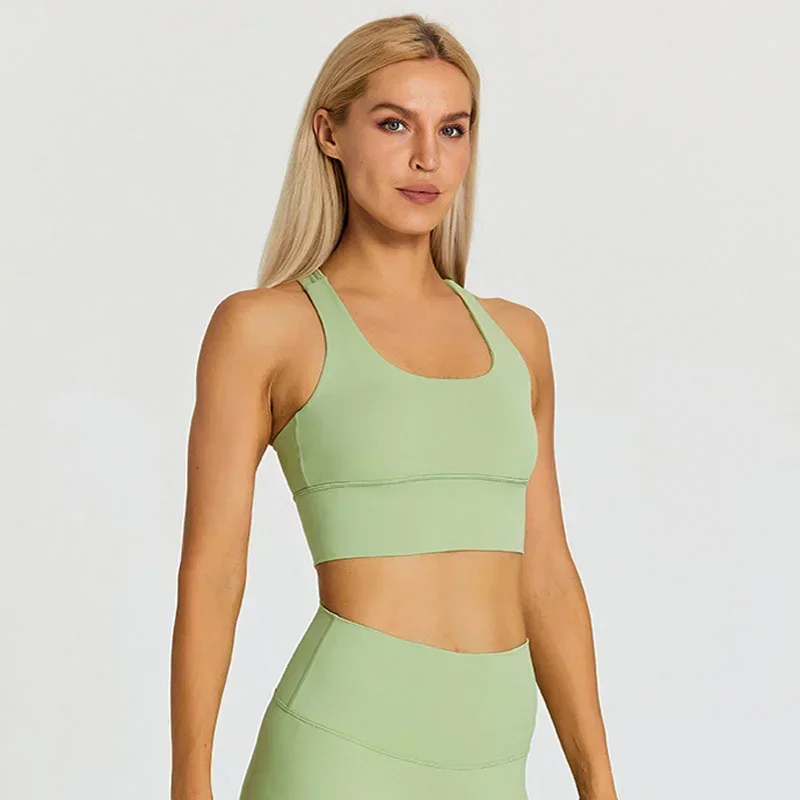 Soutien-gorge de sport à bretelles en nylon brossé citron pour femme, haut court d'entraînement à impact moyen, haut de sport rembourré sans fil, vêtements actifs