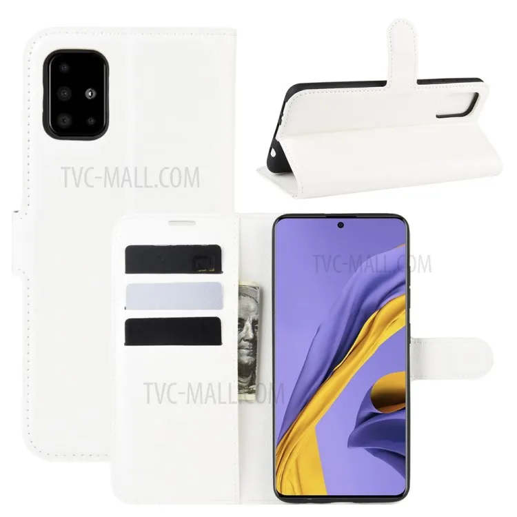 

Litchi Skin PU Leather Wallet Phone Case Magnetic Closure Shockproof Flip Stand Cover for Samsung Galaxy A51 4G - White