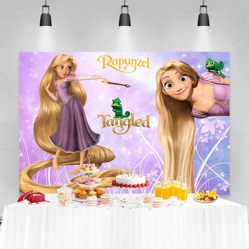 Tło na urodziny z Wieżą Złotego Warkocza, lampiony, długie włosy, słońce, zamek, personalizowane zdjęcie, dziewczynki, dzieci, baby shower, baner, dekoracje. — zdjęcie produktu 3