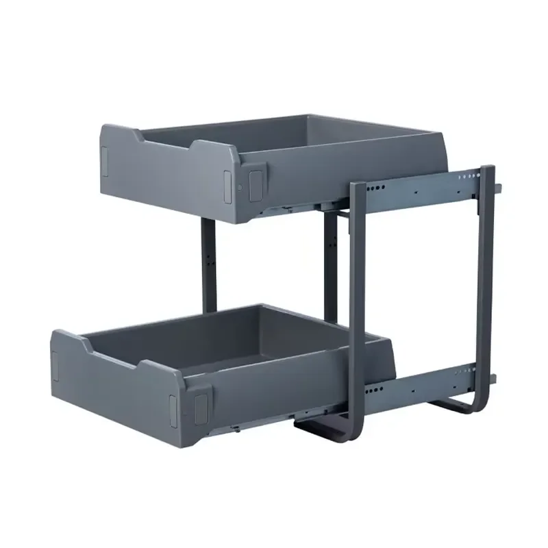 2 Tier Double Push Pull Sliding Storage Drawer Under Cabinet Basket Under Sink Storage Organizer for 450mm Cabinet Width