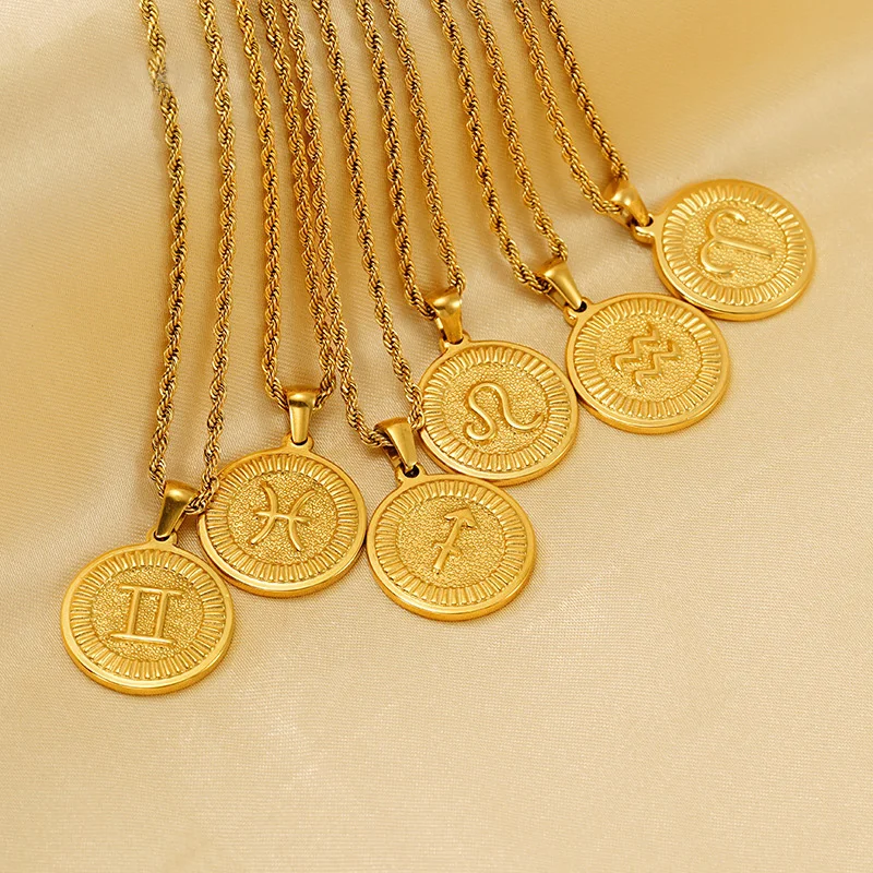 Waterproof 12 Constellation Pendant Necklace Stainless Steel Vintage 18K Gold Color Coins Zodiac Sign Fashion Jewelry