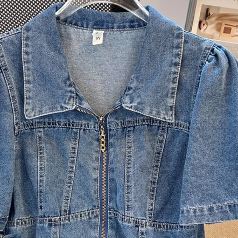 Kurzarm-Jeans jacke für Frauen Sommer dünne Mode Reiß verschluss Turndown Kragen Freizeit hemd 2024 neue Puff ärmel lose Jacke