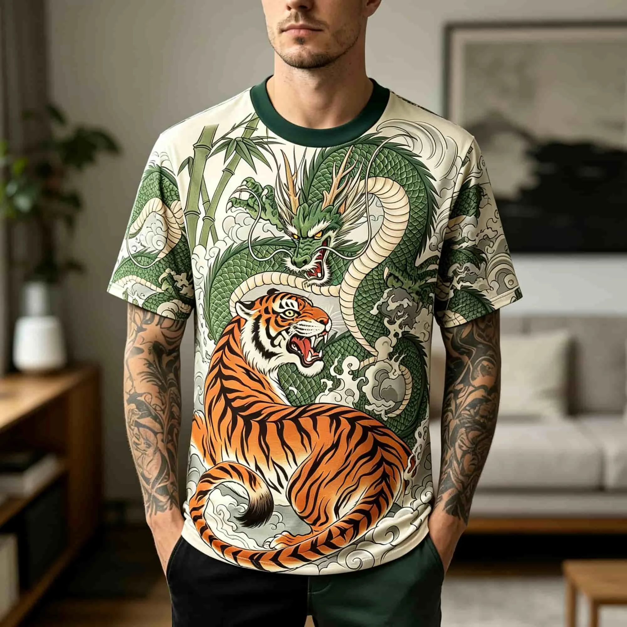 Men Crew Neck Short Sleeve T‑Shirt, Traditional Oriental Dragon Tiger Totem Full Print Contrast Ukiyo‑e Style Streetwear Tees