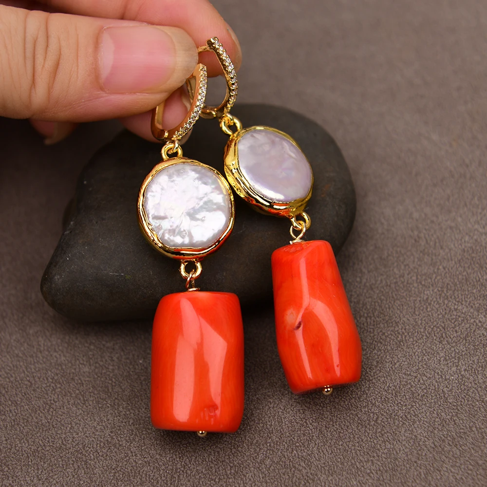 G-G Culture Natural White Coin Keshi Pearl Orange Coral Cylinder CZ Hook Earring Lady Holiday Jewelry Gifts