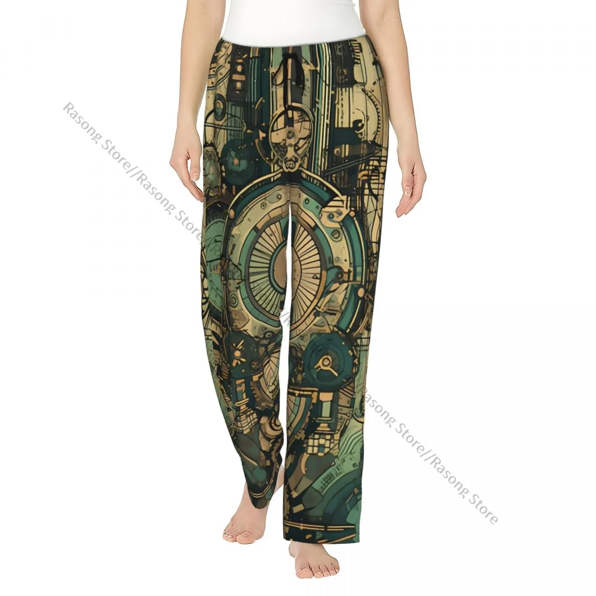 

Cozy Flannel Pajama Pants for Women Steampunk Gears Cogwheels Elements Sleep Bottoms Home Loungewear