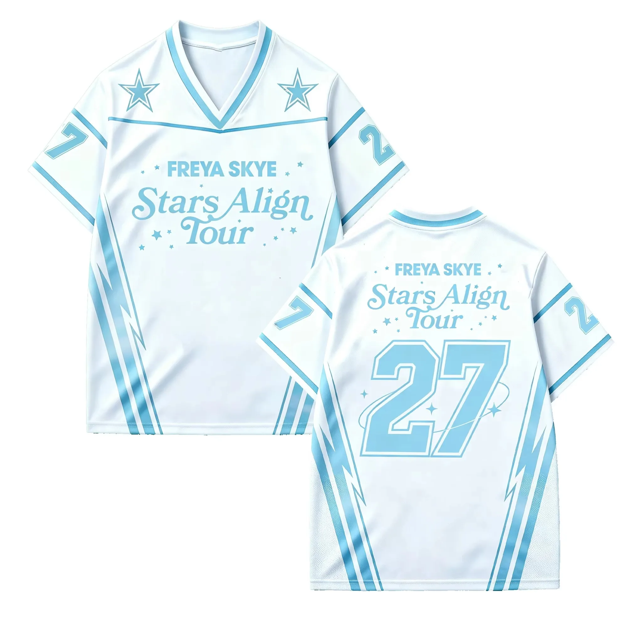 Star Graphic Jersey T Shirt White Light Blue Number 27 Print Short Sleeve V Neck Casual Summer Streetwear