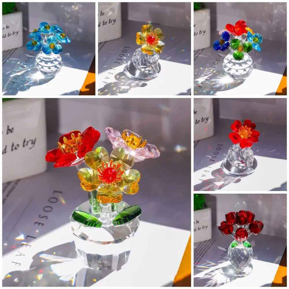 

Handcraft Crystal Flower Statue Clear Base Ornament Artificial Flower Figurine Reflect Rose Tulip Simulation Flowers Collectible