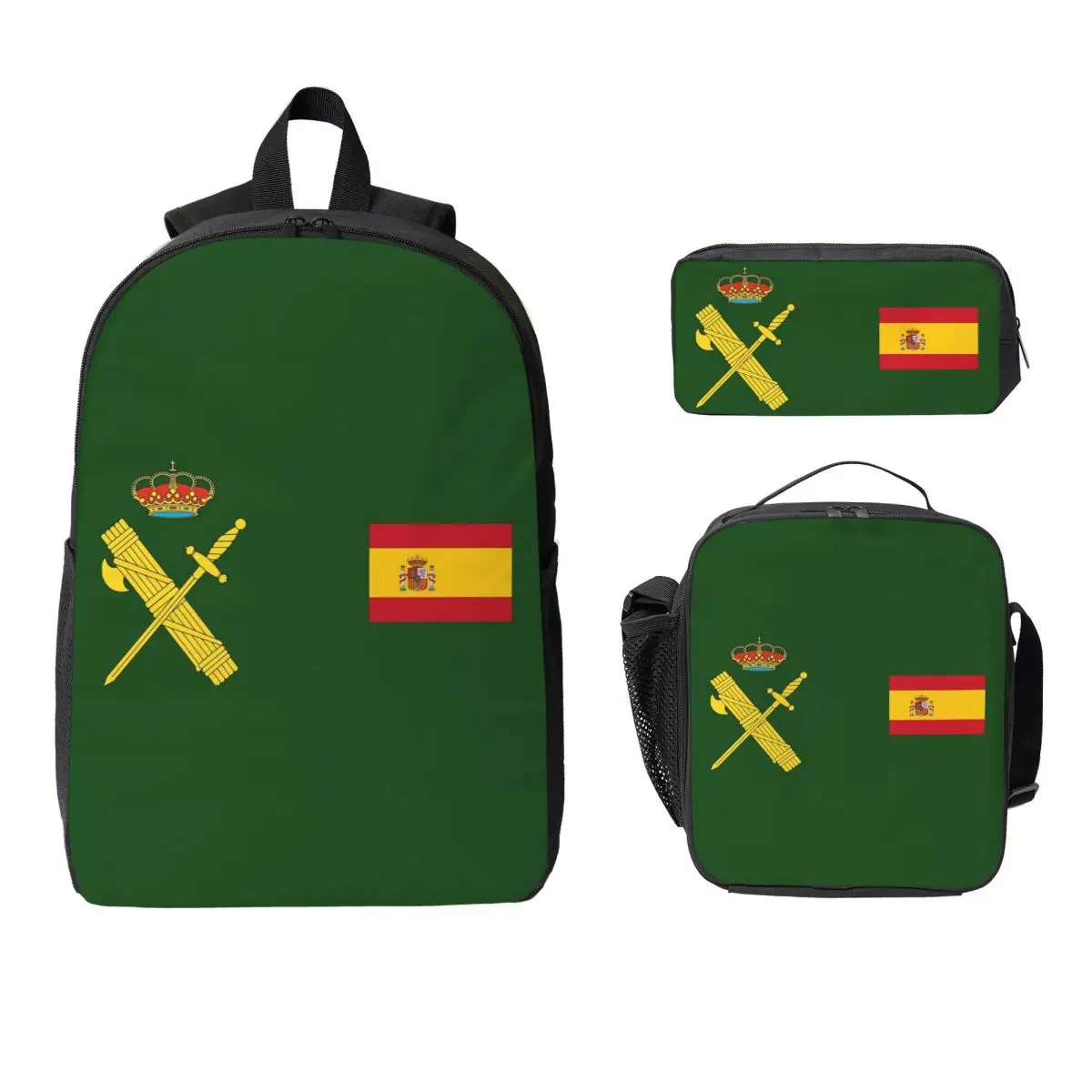 

Spain Flag Plus Emblem Civil Guard Backpack Student BookBag School Bag Laptop Shoulder Bags 3ps Insulated Lunch Bag Pencil Case