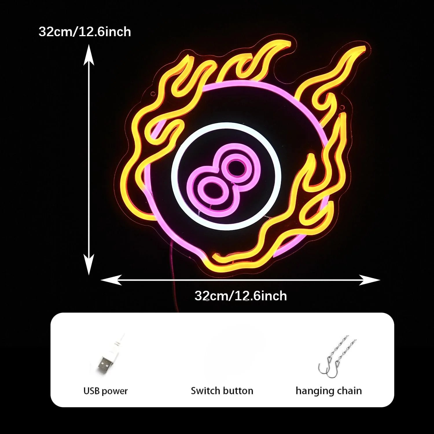 Flaming 8 Ball Neon Sign LED Wall Art USB Powered Acrylic Yellow Pink White Glow Billiard Club Game Room Man Cave Decor