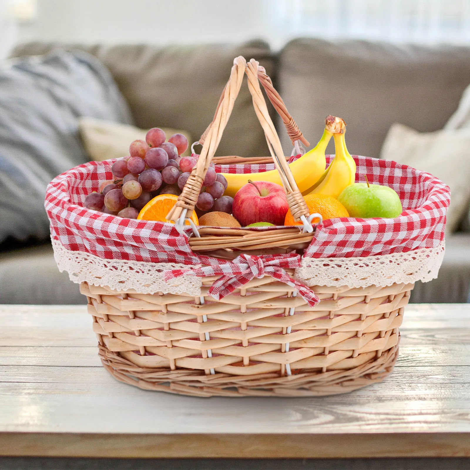 

1pc Large Red Plaid Woven Picnic Basket Movable Handle for Fruit Snacks Storage Home Organization Container Straw Storage