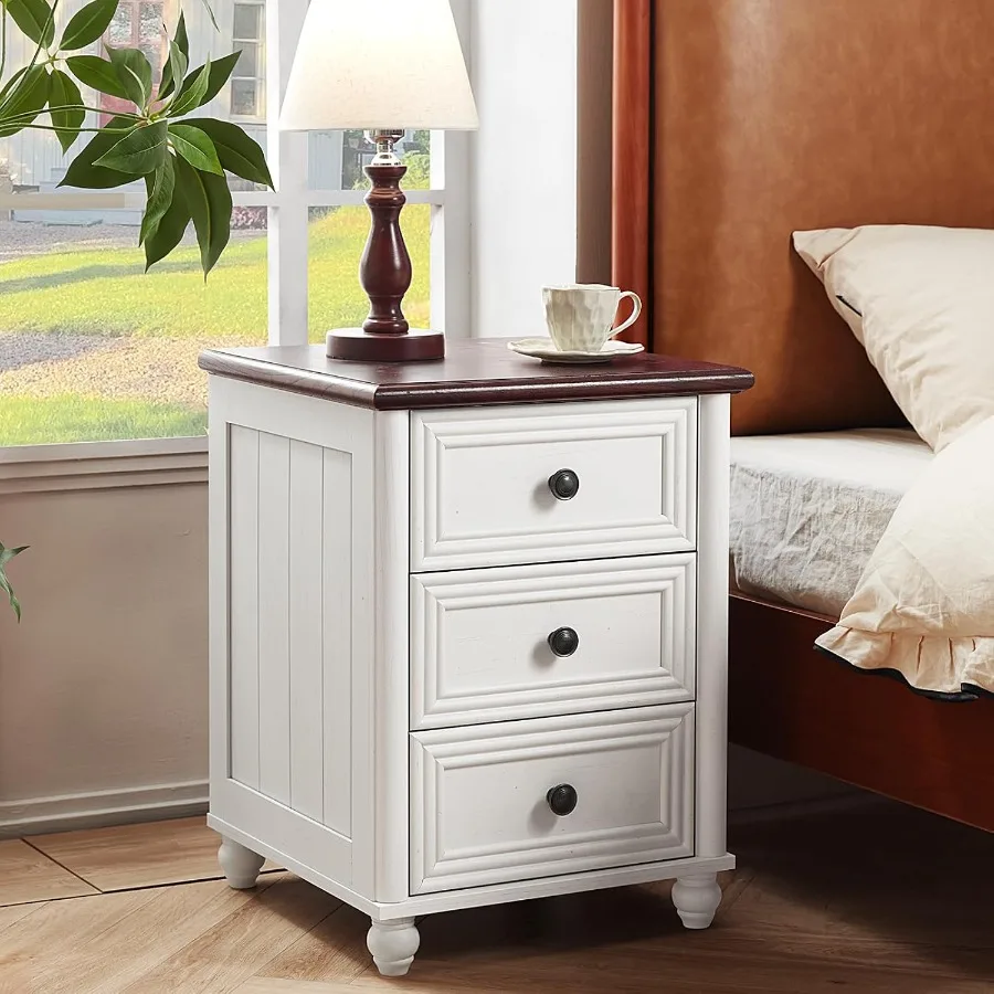 18 Night Stand Set 2, Nightstand for Bedroom, Solid Wood, Walnut Brown, Rustic Design with Two Drawers and Open Shelf