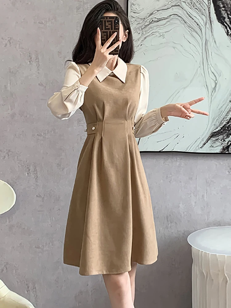 

2024 New Fashion Patchwork Fake Two Peice Midi Dress Spring Autumn Long Sleeve Bodycon Dress Korean Elegant Office Lady Dresses