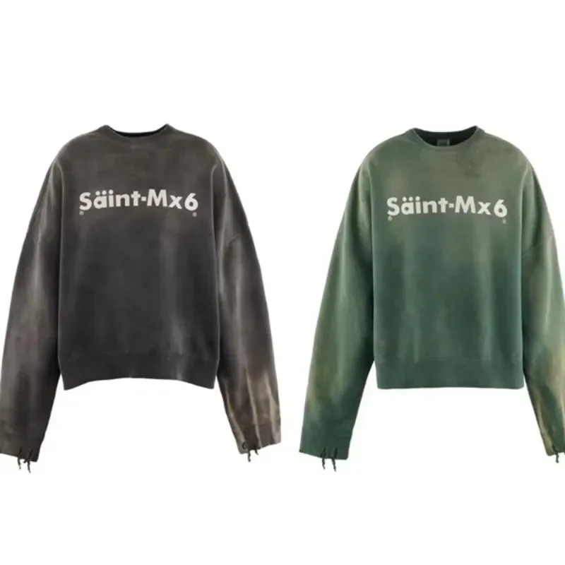 25SS Saint Michael Letter Printing Sweatshirts Oversized Washed Black Destroy Men Clothing