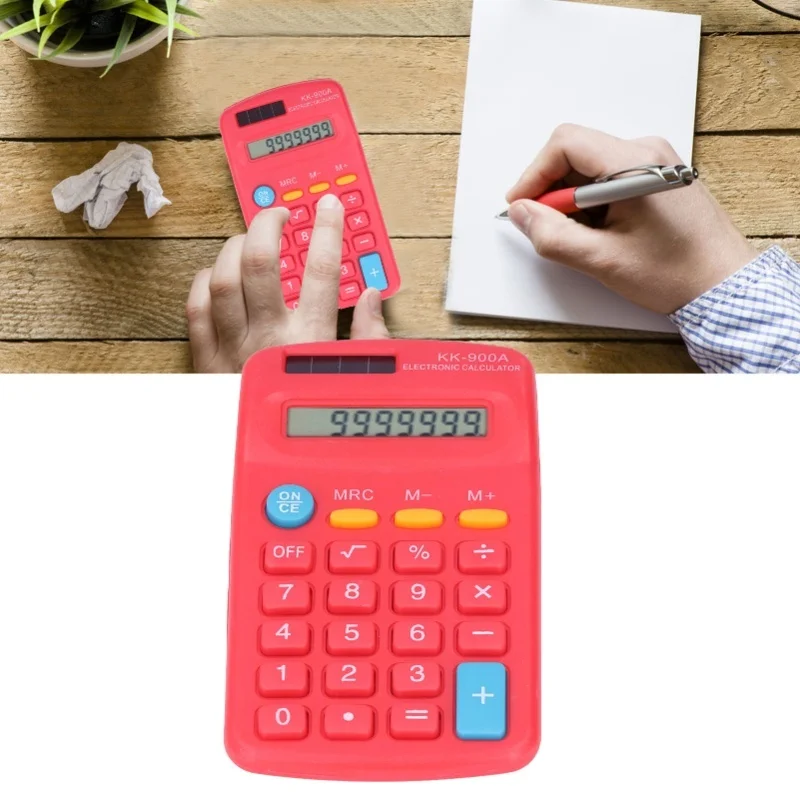 Mini Calculators Handheld 8 Digit With LCD Display Sensitive Button Solar Battery Dual Power For Office School BusinessRed