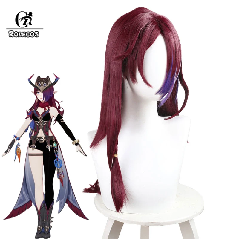 ROLECOS Genshin Impact Chasca Natlan Cosplay Wigs Chasca Natlan 60cm Wine Red Mixed Purple Cos Wig Heat Resistant Synthetic Hair