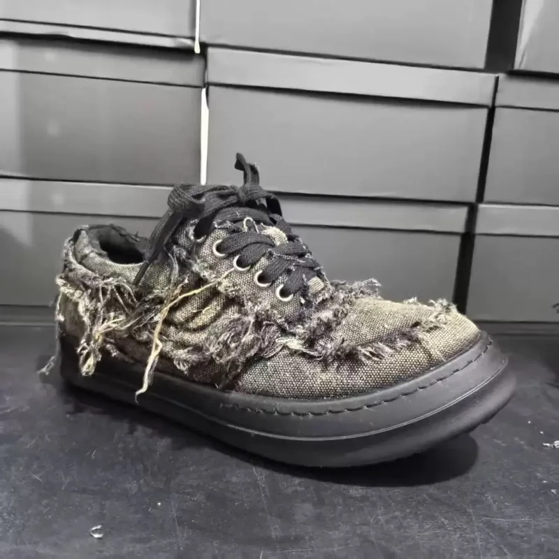Men's Distressed Fringe Canvas Sneakers Casual Thick Platform Shoes Streetwear Punk Style Breathable Lace Up Board Shoes for Men