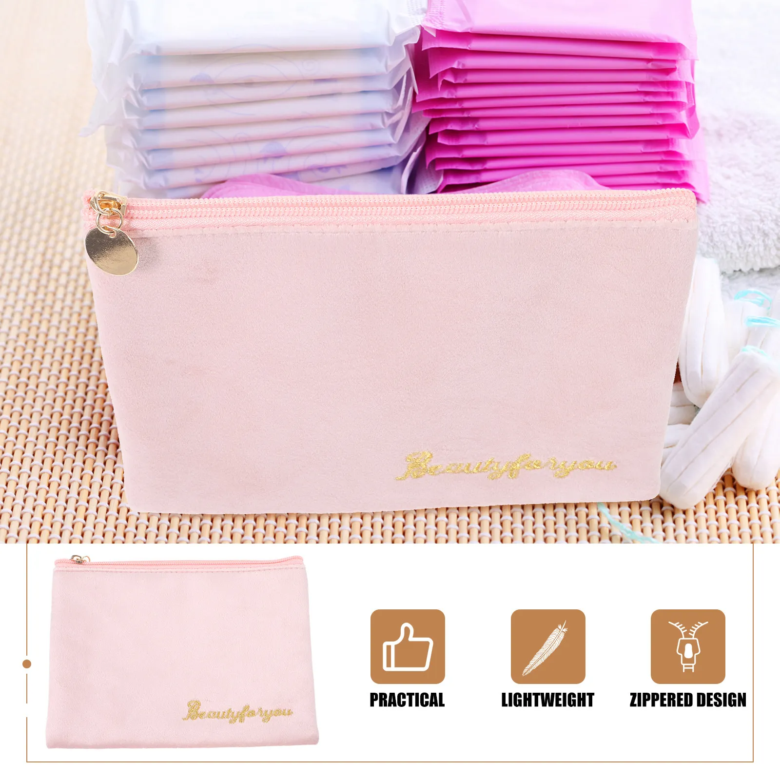 1Pcs Removable Handle Sanitary Towel Storage Pouch Zippered Diaper Pouch Lightweight Waterproof for Travel Outdoor Office Women