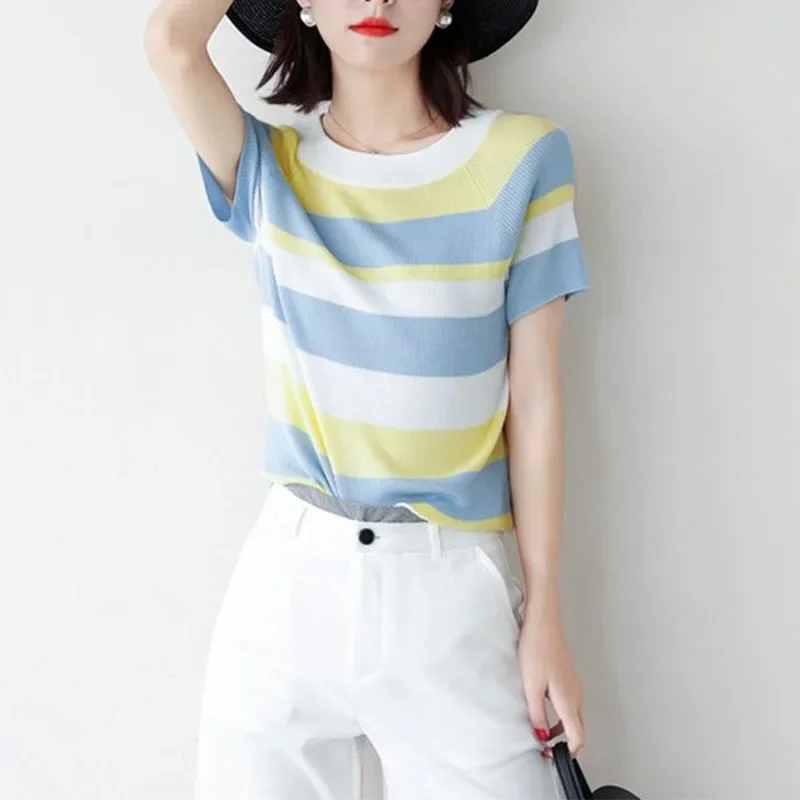 Fashion Women Casual Striped T-shirt Spring Summer Korean New Short Sleeve O-Neck All-match Pullover Loose Thin Knitted Tops