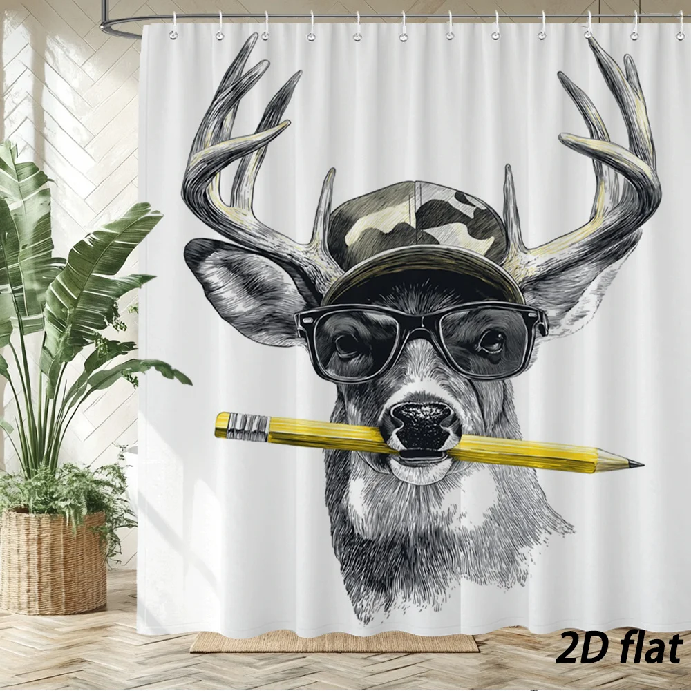Funny Deer Head Illustration Shower Curtain with Sunglasses and Pencil Drawing Art for Bathroom Decor