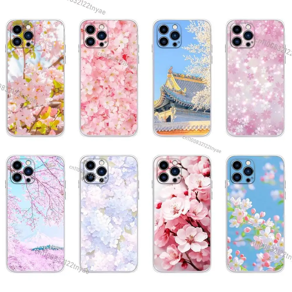 

Pink Cherry Blossom Sakura Phone Case For iPhone 17,16,15,14,13,12,11, Plus,Pro,Max,XR,XS,Plus,E,Mini Transparent Soft Cover