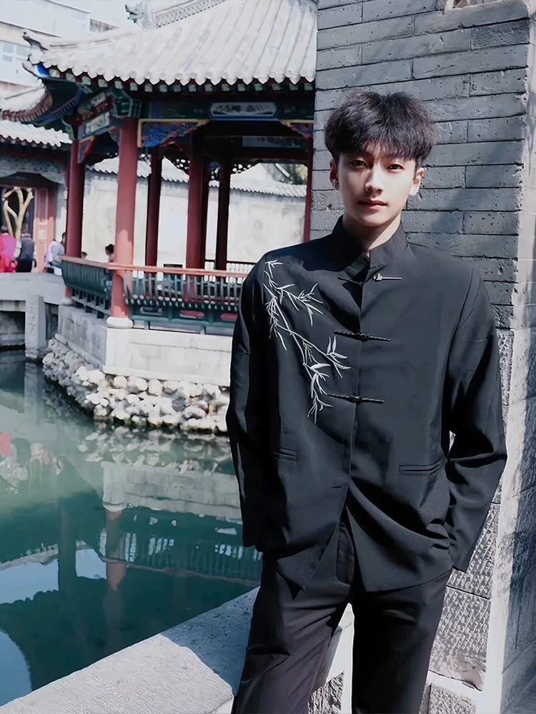 

New Chinese Sle Men's Bamboo Embroidery Suit Jaet Wedding Ceremony Cus-Made Outerwear Breathable Stand Fit Coat