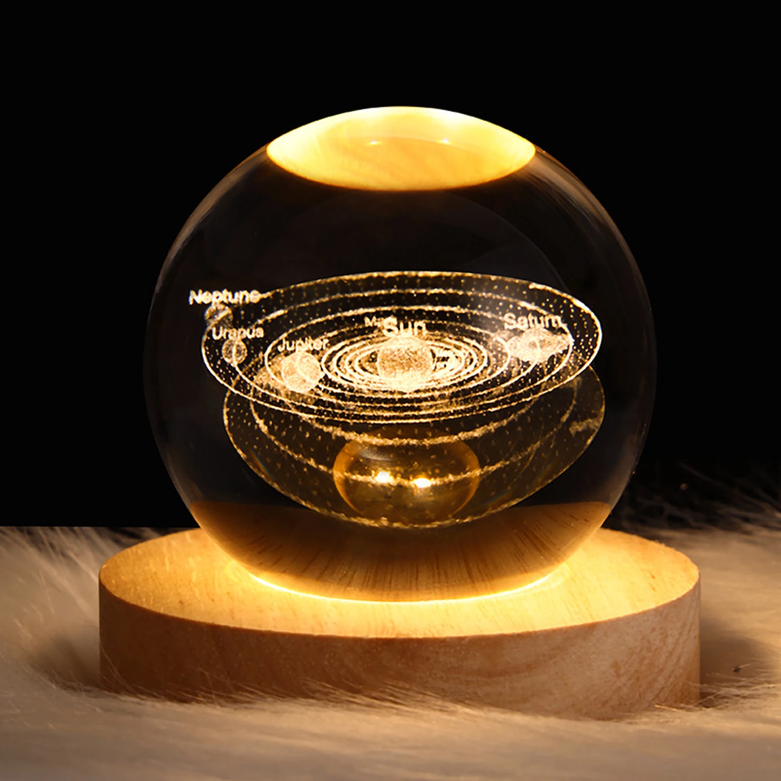 

ZK50 3D Crystal Ball Night Light Inner Carved Luminous Glass Ball Ornament with Wooden Base for Home Decor