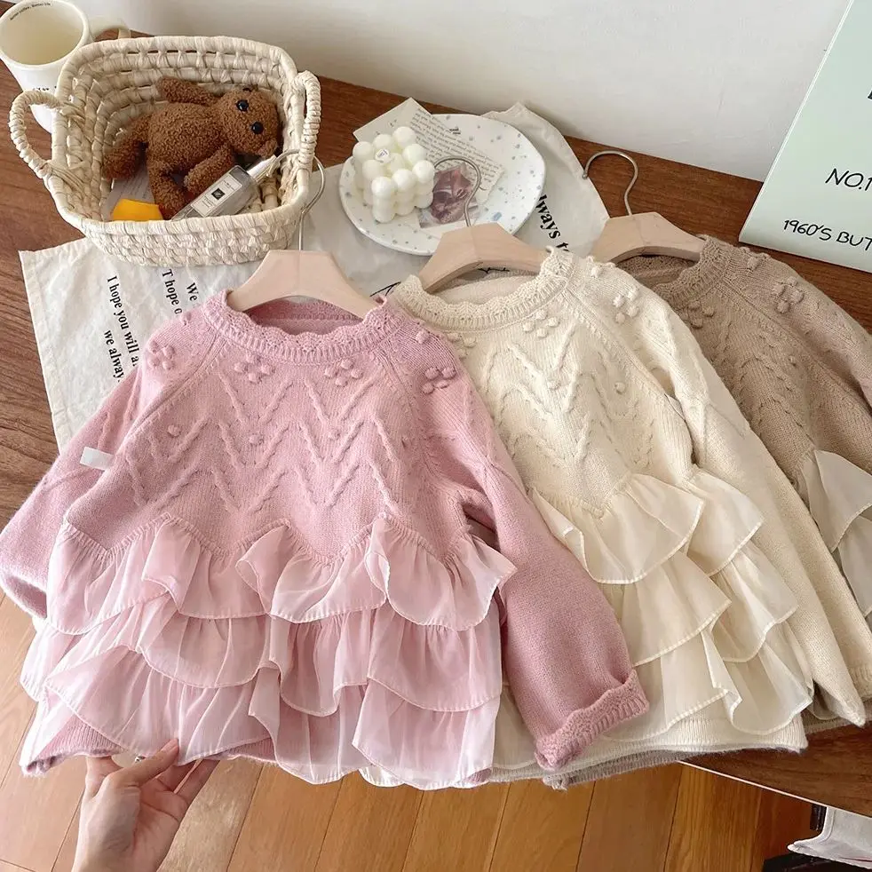 

Autumn Winter Children Tops Toddler Girls Cute Casual Ruffle Knitted Sweater Top Fashion Warm Princess Knitwear Kids' Clothes