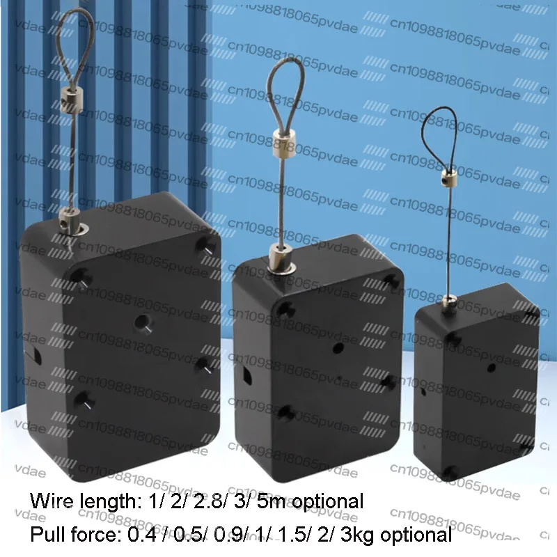 Enrouleur automatique rétractable de 1 à 5 mètres, auto-bloquant et stoppable, pour suspension d'outils, levage et récupération de cordages, avec boîte de rangement.