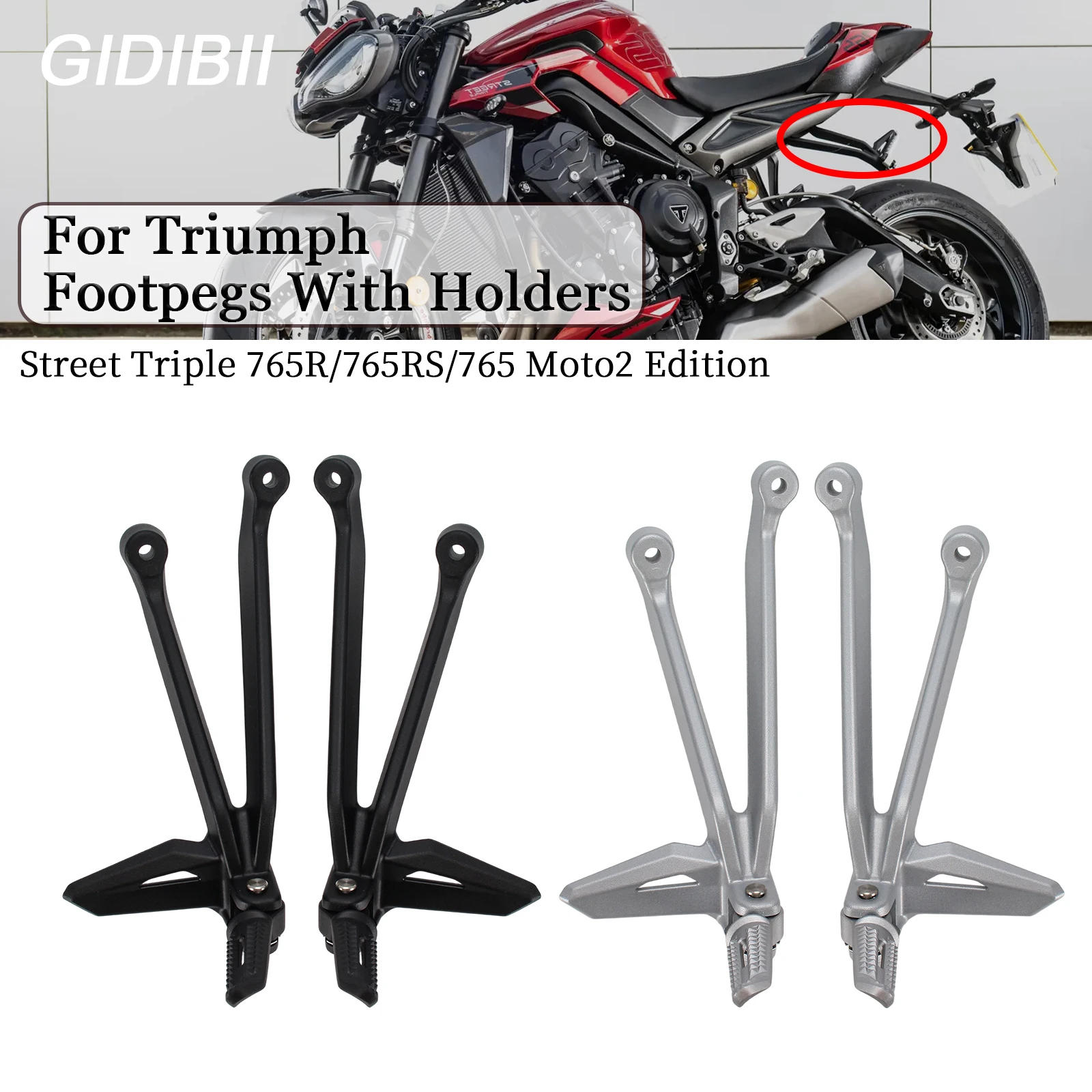 

1 Pair Motorcycle Rear Footpegs With Holders For Triumph Street Triple 765RS 765R 765 Moto2 Edition Passenger Footrests+Brackets