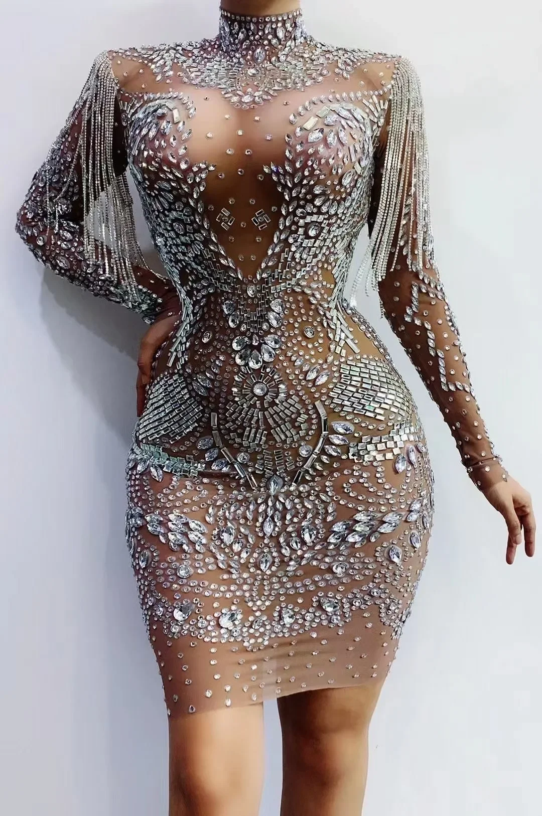 Women Shining Rhinestones Crystal Tassel Long Sleeve Sexy Sheath Nightclub Party Dress Concert Stage Wears