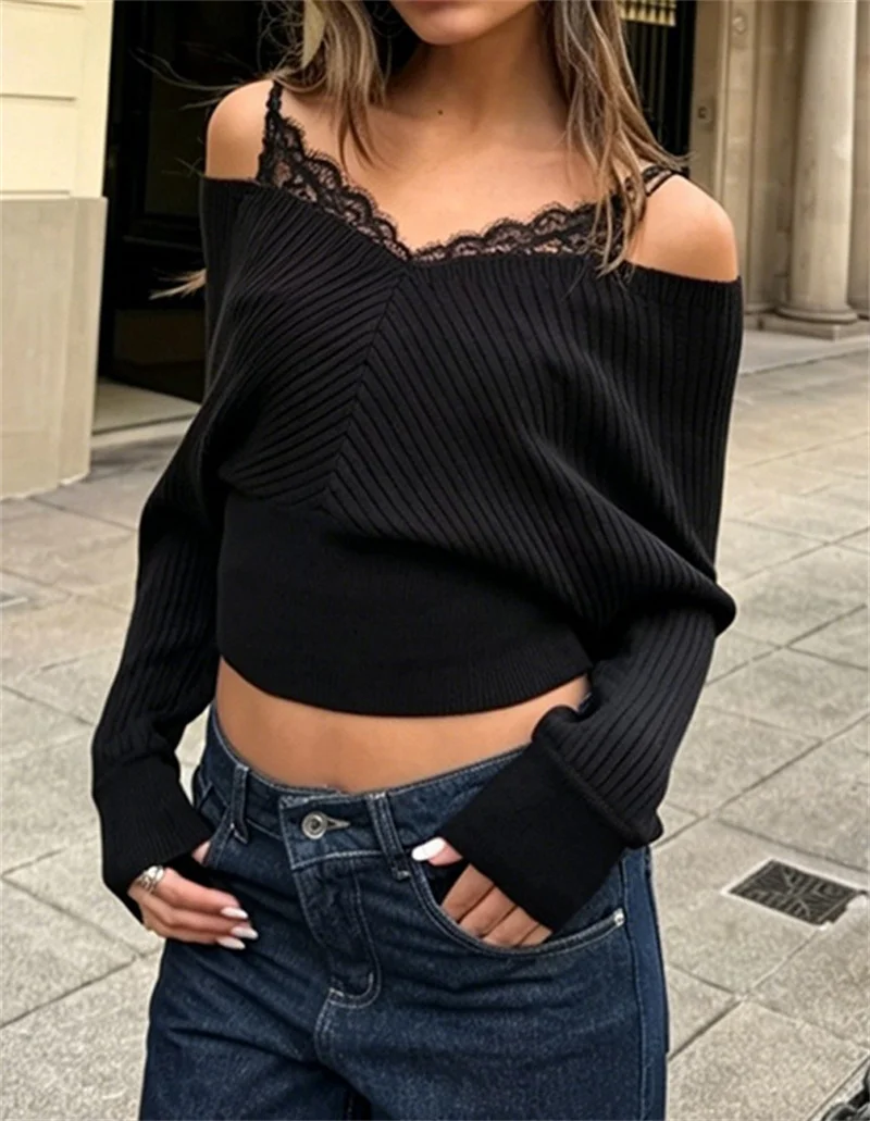 Autumn Winter Fashion Women's Long Sleeve Lace Patchwork Tops Sexy Strap Knitted Sweaters Women Pullover Blouse Casual Blusa