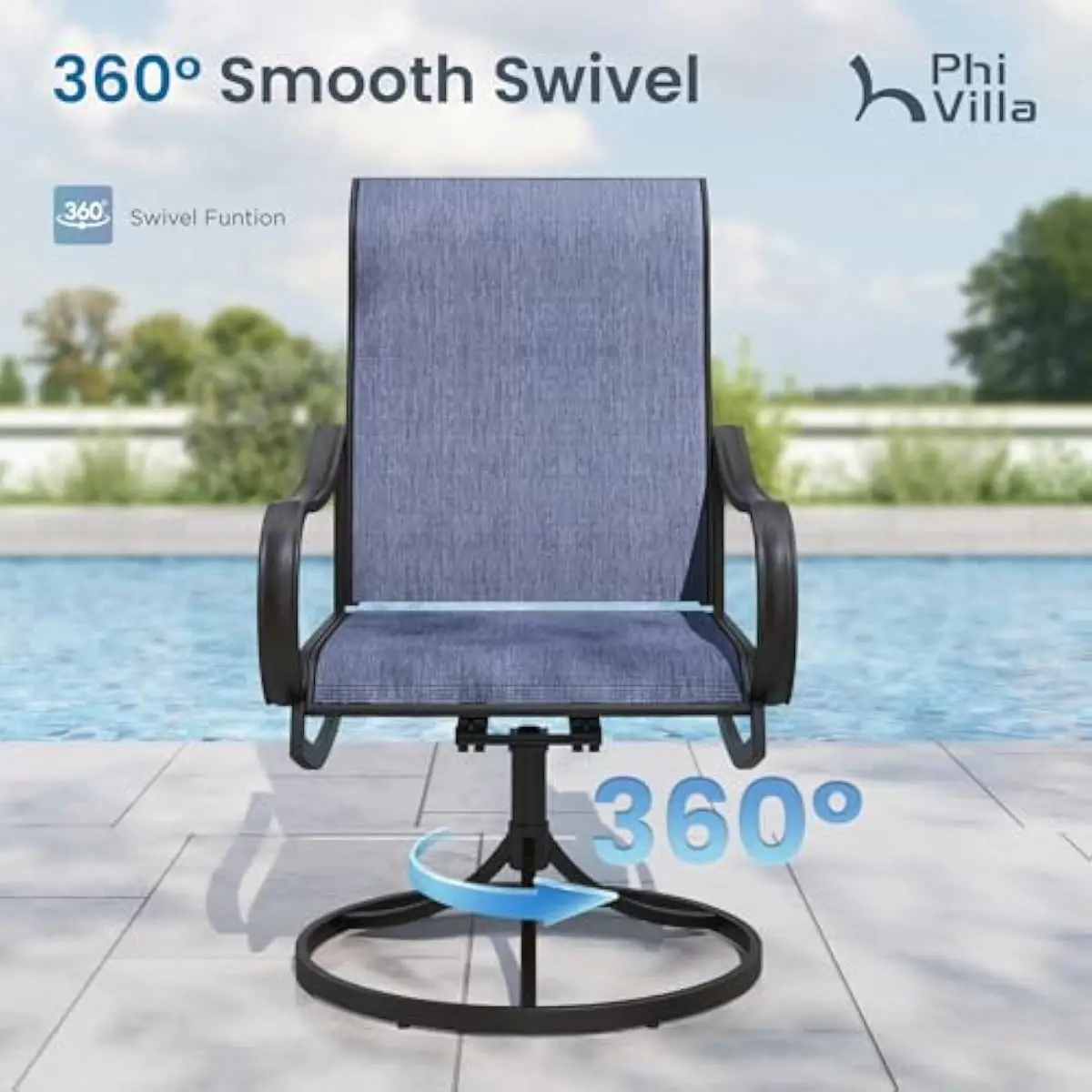 Outdoor dining ensemble for six featuring navy umbrella, swivel rocking chairs with Textilene mesh, rectangular metal table with