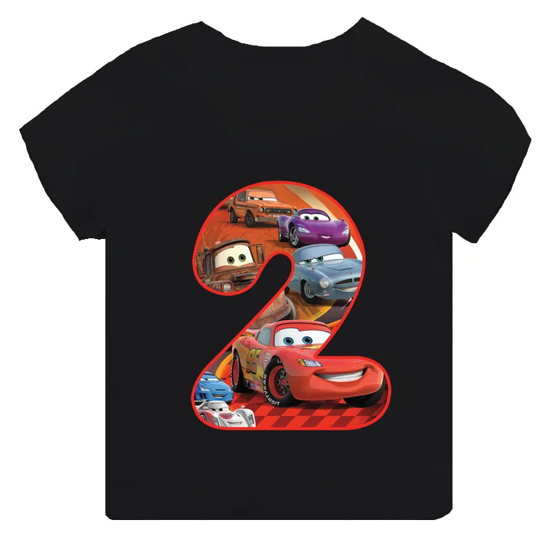 Car Pixar Lightning McQueen Number 1-9 Printed T-Shirt Solid Color Playful Short Sleeve Neat Cotton Top Uniquely Designed Cloth