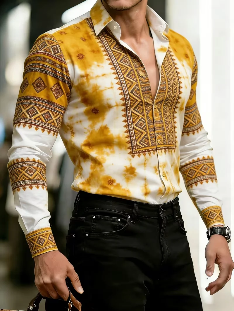 New men's tie dye ethnic geometric diamond totem 3D printed long sleeved shirt matte drape collar slim fit top