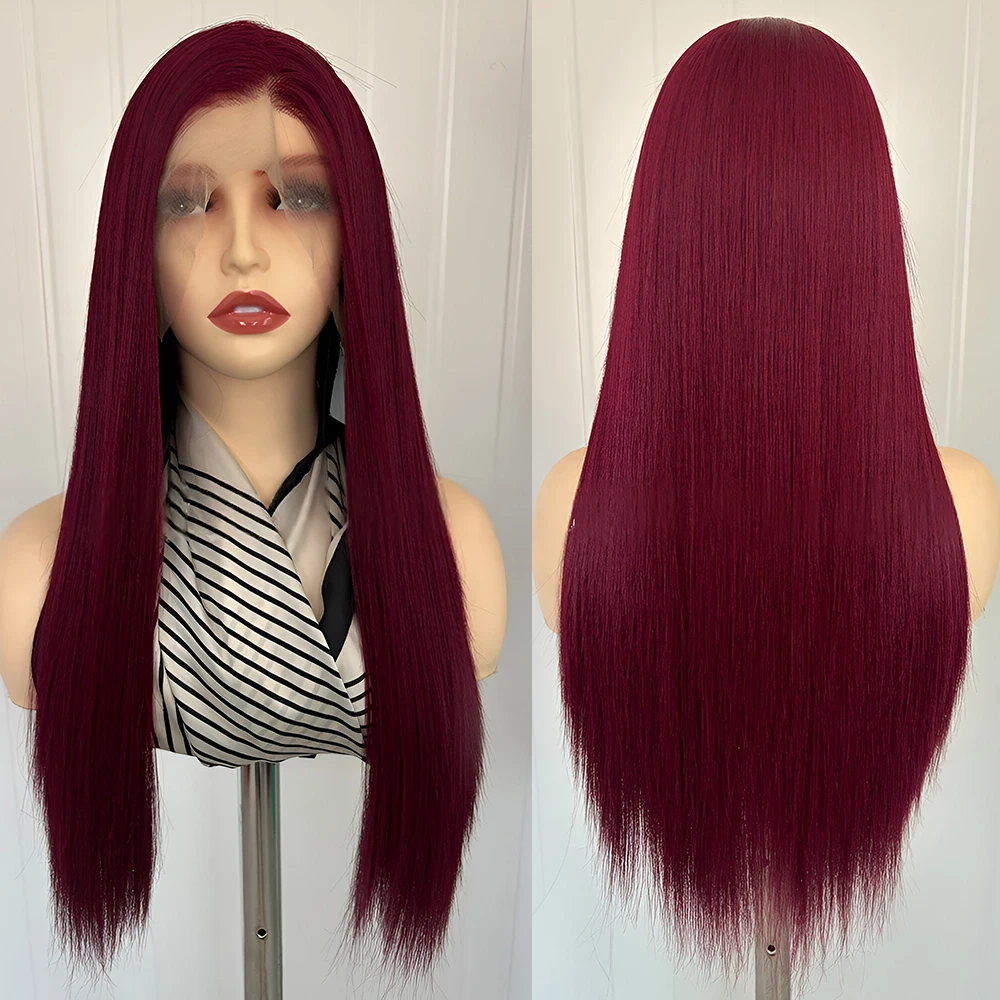 Wine Red Wig Synthetic Glueless Lace Wig For Women Natural Hairline Front Lace Wig Burgundy Long Silk Straight Hair Cosplay Wear