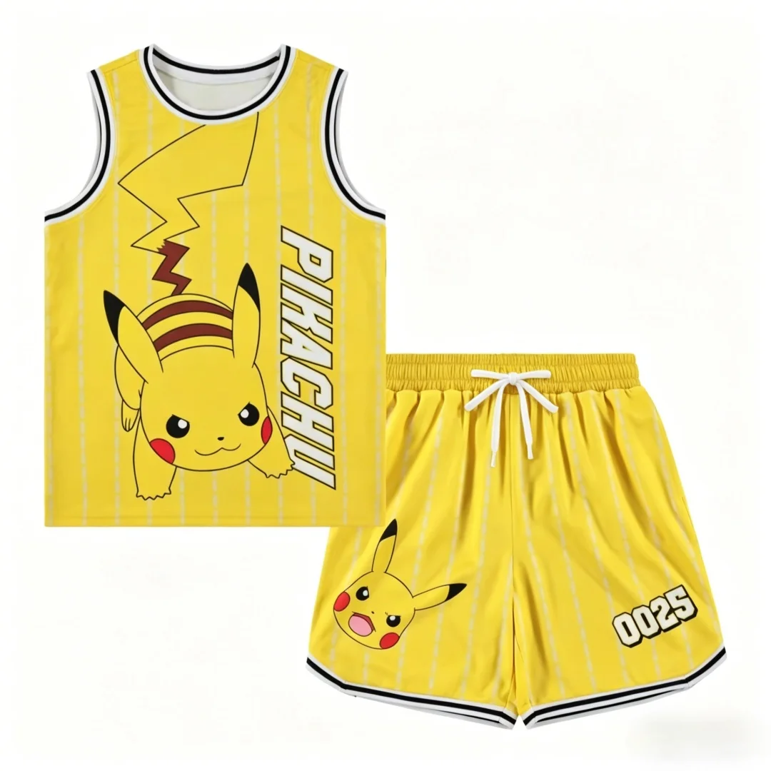 conjunto-de-camiseta-e-shorts-de-basquete-infantil-pokemon-pikachu-2026-secagem-rapida-sem-mangas-casual-amarelo-unissex