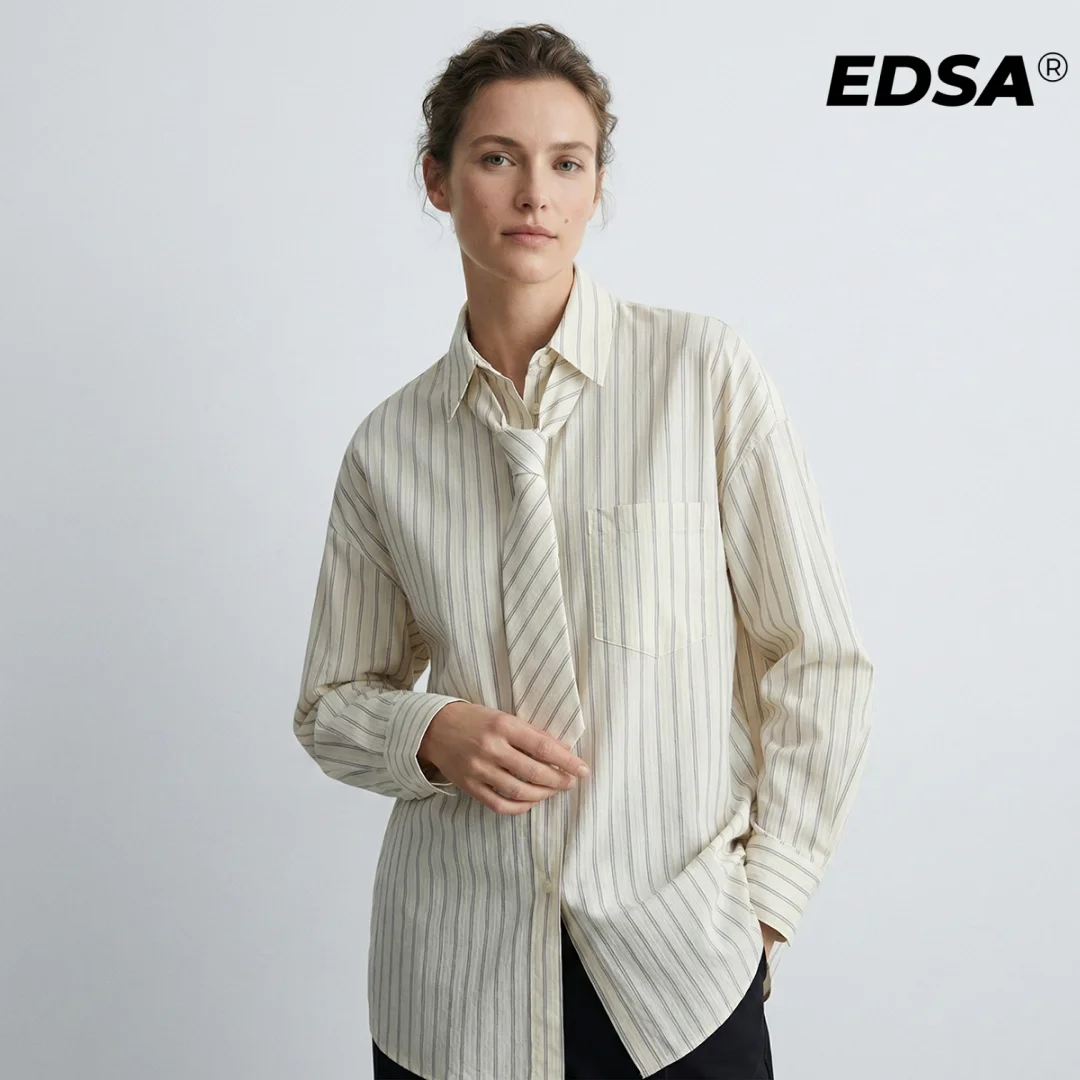 חולצת נשים EDSA בגזרה רחבה עם קשירה, שרוולים ארוכים, צווארון מחובר וכפתורים למעלה לנשים במשרד