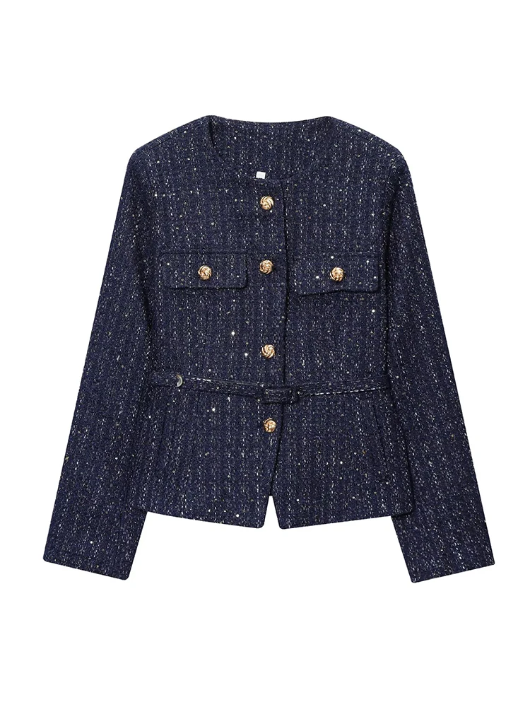 HH 2025 Cappotto con paillettes moda femminile O Collo monopetto maniche lunghe con cintura Giacca da ufficio elegante da donna casual Mujer