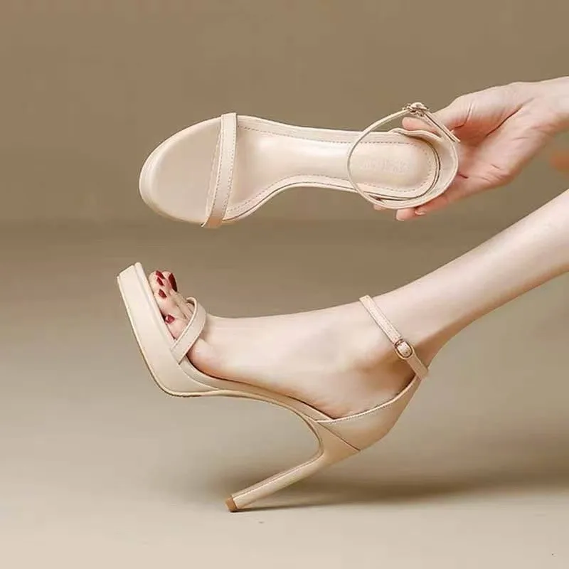 New 2025  Black Sexy Open-Toe High Heels Women'sSummer Thin Heel Ultra-High Platform Waterproof Stiletto Shoes Korean Style
