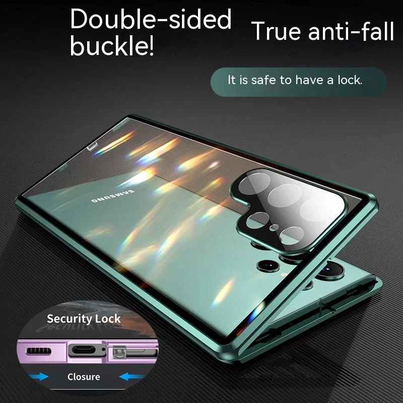 

Double Sided Glass Metal Magnetic Snap Lock Case for Samsung Galaxy S21 S22 S23 S24 Plus S25 FE S26 Ultra Lens Protection Cover