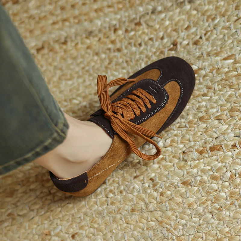 Retro Cow Suede Leather Casual Loafers for Women Flats Shoes Lace-Up Low Heels Spring Shoes 2025 Soft Office Dress Size 35-42