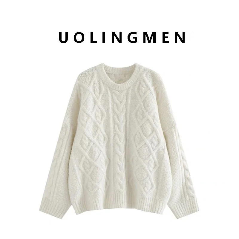 Maglione lavorato a maglia allentato autunno inverno da donna rotondo Ne Lazy Sle capispalla colore bianco latte motivo a spirale termico caldo